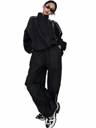 90 -talets Vintage Black Pants Set Women Y2K Street Zip Up Jacket Loose Wide Leg Tracks Trousers GorpCore 2 Piece Set Jogging Tracksuit Y3Cl#
