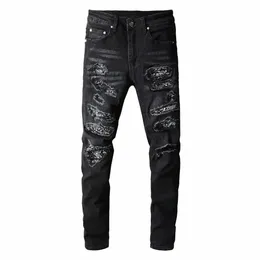 men's Bandanna Paisley Printed Patchwork Stretch Jeans Streetwear Black Denim Pencil Pants Slim Skinny Ripped Trousers 08CF#