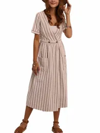 Creme Kurzarm V-Ausschnitt Natural Cott Midi Dr mit Tasche Casual Butt A-Line Dr für Frauen Z7Wx#