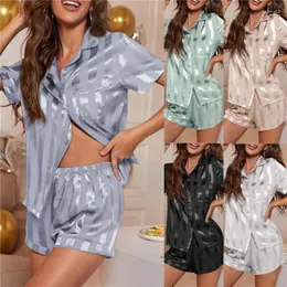 Hemkläder Ice Silk Pyjamas Set For Women Sexig långärmad kort Sleepwear Cardigan Kvinnlig pyjamas