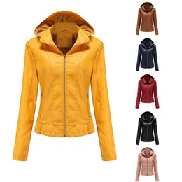 Giacca in pelle con cappuccio autunno / inverno 2024 per donna Cappello staccabile Giacca in pelle peluche a maniche lunghe con cerniera Giacca slim fit europea