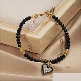 Braccialetti con ciondoli Poligono geometrico Cuore d'amore Bracciale con zirconi per le donne Moda Cristallo Doppi strati Stringa Perline Catena di gioielli Goccia Ot6Qw