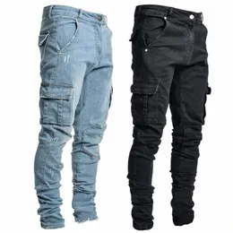 Novo bolso lateral carga estiramento jeans homens lápis calças casuais cott rasgado jeans disred buraco fi sólido magro denim calças j30s #