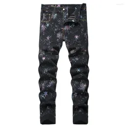 Jeans da uomo Uomo Fiocco di neve Stelle Stampa Moda Pantaloni in denim nero verniciato colorato al neon Pantaloni slim dritti elasticizzati