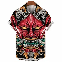 Camisa masculina retro Slim Fit Samurai Horror Camisas Impressão Japonesa Camisa Masculina Oversized Casual Camisas E Blusas Havaianas 80B1 #