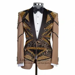 luxury Bead Crystals Men Suits Shawl Lapel Groom Tuxedos Wedding Prom Blazers trajes de hombre Outfit 2Pieces Sets Costume Homme k1aV#