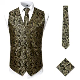 Vests Men 3pc Gold Gold Paisley Jacquard Set Gettie Pocket Square Set Smoking Wedding Groom Groom Party Dine Dine Dine Dined Men Gilet Homme