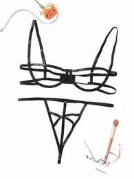 Conjunto de lingerie feminina com recortes exóticos e tiras - sutiã push-up transparente e calcinha Thg para um visual sexy e sedutor U7Ue #