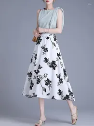 Skirts Black Floral Festival Party Long Skirt For Women 2024 Spring Summer Korean Sweet White Print A Line High Waist Pleated