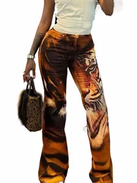 Seltsame Puss Tiger Print Flare Hosen Frauen 2023 Y2K Sommer Trend Dünne Elastische Wild Casual Streetwear Grundlegende Hohe Taille Hose W0Ar #