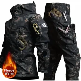 Camo Military Fleece Warm Sets Winter Shark Skin Skin Sweet Shell Jacket+Army Cargo Pant Outdoor Multi-Pocket Paste I6P7#