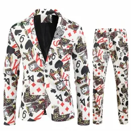 2pcs Oyun Kartları Poker Baskı Takımları Erkekler için Blazer Ceket Koreli Fi Partisi Prom Kostüm Setleri Pants Pants Erkek Blazer Verde Hombre L1DO#