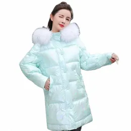 new Waived W Colorful Glossy Cott Female Coat Mid-lg Big Fur Collar Down Cott Clothes Winter Style Slim Ladies Jacket 158F#