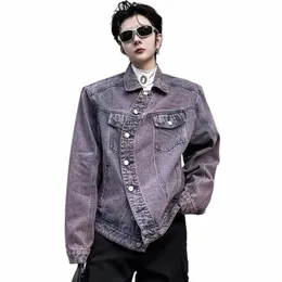 pfnw Lapel Male Denim Jackets Persalized Curved Placket Shoulder Design Patchwork Solid Color Men's Short Coats Spring 9C4764 B3hI#
