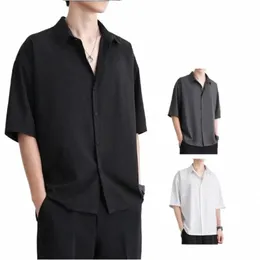 Camicia di seta di ghiaccio drappo di fascia alta per uomo 2024 Camicia di colore solido a maniche corte estiva No Ir Camicia da uomo versatile allentata casual Fi 59dL #