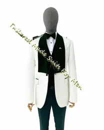 garnitur męski biały żakard ciemnozielony Veet Single Beded Male Blazer Sets Slim Fited 3 PC Groom Luksus Elegancki ślub Dr f7HP#