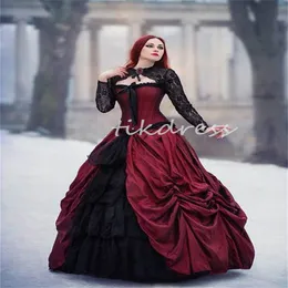 Viktorianische Gothic-Brautkleider 2024, schwarze und rote mittelalterliche Renaissance-Landhochzeitskleider mit Jacken, Spitzenblumen, Vampir-Halloween-Kostüme, Brautkleid