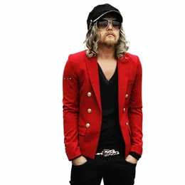 S-XXL New Men 's Red Small Suit Tide Double-Breasted Casual Suit Slim Short Fi Small Blazers 재킷 가수 의상 N7EJ#