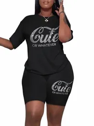 plus Size Casual Outfits Two Piece Set, Women's Plus Rhineste Letter Short Sleeve Tee & Shorts Outfits 2 Piece Set q0WM#