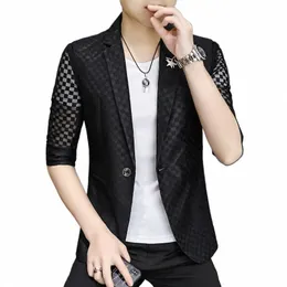 2023 Summer Transparente White Silk Blazers For Mens Thin See Through Jackets Slim Fit Black Sexy Clothing Social Party Dr H4lt#