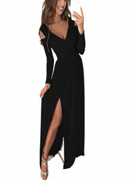 autumn Dr Women 2023 Sexy Deep V Neck Lg Sleeve Slit Maxi Dres Fi Elegant Solid High Waist Party Dr g0Ys#