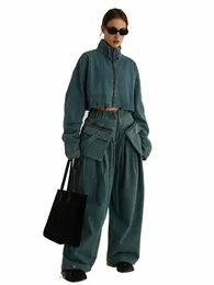 Death Fi Women 2 pezzi Denim Set colletto alla coreana Cerniera allentata Giacche corte Vita alta Tasche Pantalone Autunno 2024 Nuovo CPG0370 V8gi #