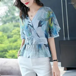 Blusas femininas 2024 verão moda estilo de deslocamento com decote em v impresso ocidentalizado cintura emagrecimento super fada lótus folha manga camisa
