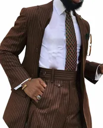 brown Stripe Men Suit 2 Pcs Bespoke Groom Prom Slim Fit Double Breasted Wedding Terno Peak Lapel Blazer Trousers Jacket+Pant 02xo#