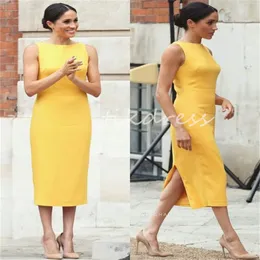 Semplice abito da sera midi giallo Chic O Collo Fodero Lunghezza tè Abito da ballo 2024 Abito da festa senza maniche per feste all'aperto abiti da festa elegantes para mujer2024