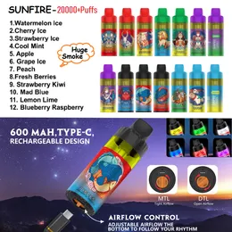 Duża cena sprzedaży Sunfire Stars 20000 Puffs Do dyspozycji Vape uzupełnialny do ładowania Vape E-papieros Kit 12 Smaki LED LED LISHLIGHT Airflow Control Niemcy Francja Francja