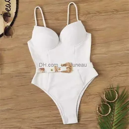 Kadın Mayo Seksi Push Up Up Balya Mayo Kadınlar Katı Beyaz Siyah Yastıklı Toka Tek Parça Mayo Plaj Mayo Kıyafet Bodysuit Monokini T240328