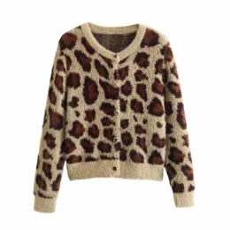 traf ZR Cardigan para Mulheres Knit Wear Leopard Malha Luxo Cardigan Sweater Mulheres Outerwears Vintage Lg Sleeve Bomber Jackets R8ee #