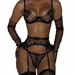 Preto bordado transparente roupa interior conjunto sexy mulher lingerie erótica bordado ver através de sutiã com ligas breves conjuntos arco z9EH #