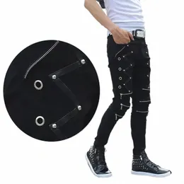 Fi Slim Fit Pants Steampunk Black Patchwork Skórzany koronkowy klub nocny taniec gotycki dżinsy z tyłki dla mężczyzn p6gb#