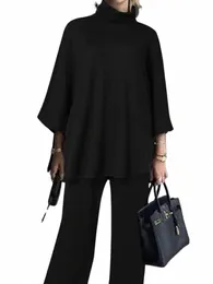 celmia Set Women 2 Pieces Fi Spring Winter Trousers Suit 2023 Casual Solid High Collar 3/4 Sleeve Tops Wide Leg Lg Pants S6BZ#