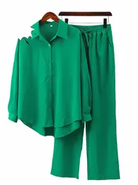 Kadınlar İçin Yaz Kıyafetleri 2023 Fi Gevşek Elastik Kırışıklık LG Kollu Gömlek Geniş Bacak Pantolon Kadınlar İçin Sıradan Set 2 Parça Set 614F#