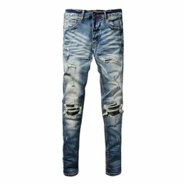 High Street Fi Jeans da uomo Retro Wed Blu Stretch Skinny Fit Jeans strappati Uomo in pelle con patch Designer Hip Hop Pantaloni di marca h3v8 #