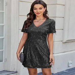 ZAFUL Damen-Paillettenkleid, funkelnde Glitzer-Quaste, sexy V-Ausschnitt, kurze Ärmel, figurbetontes Kleid, glitzerndes Cocktail-Party-Club-Kleid