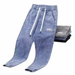 Frühling Herbst Kordelzug 90er Jahre Streetwear Boyfriend Baggy Stylischer Designer Denim Harlan Loose Light Blue Cargo Harlan Hose Jeans 6347#
