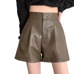 heliar kvinnor pu läder blixtlås shorts rumpa avslappnad hög midja a-line shorts chic kontor lösa byxor för kvinnor höst vinter z14y#