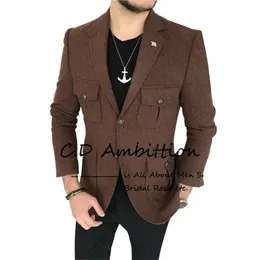2023 Vintage Brown Tweed Jacket för män Slim Fit Casual Men Costume Men's 2 Butts Autumn Ropa Hombre Custom Made Blazer U0WV#