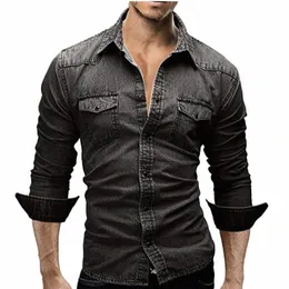 m-3xl 남자 남자 셔츠 청바지 camisa masculina male lg sleeve 캐주얼 데님 슬림 핏 박사 셔츠 화학 homme 남자 데님 셔츠 l6lr#