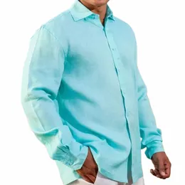 Autunno Cott Camicie di lino per uomo Casual Camicie a maniche Lg Camicette Solido colletto rovesciato Camicie da spiaggia formali Abbigliamento maschile h0wH #