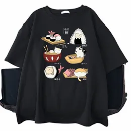 Mat söt katt sushi carto stil mens stuga kort ärm harjujuku casual all-math t-shirts överdimensionerade fi man tee kläder x1ue#