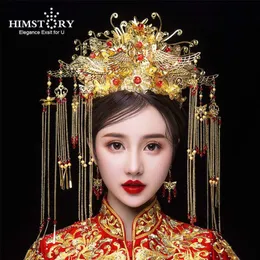 Himstory klasyczny chiński ślub Phoenix Queen Coronet Crown Brides Gold Hair Akcesoria biżuterii Tassel Wedding Hairwear H08272419