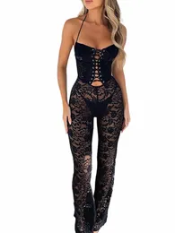 Ein Stück Bodyc Halter Spitze Overalls Hohl Durchsichtig Floral Spitze Mesh Schwarz Sexy Club Outfits für Frauen Fi Overalls 955S #