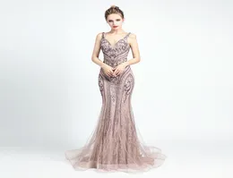 2020 New Arabic Sexy v Neck Mermaid Prom Dreess Satin Bitd Lace Pageant Dress Party Fear Robe de Soiree Backless Sleeve3374062