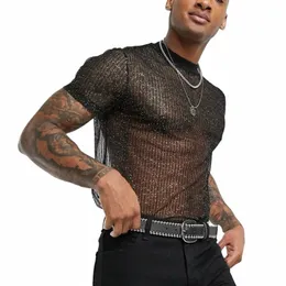 2023 uomini manica corta maglia camicia pura slim fit lucido sexy maglietta del partito discoteca sottile traspirante q2X9 #