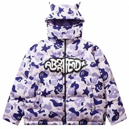 Hip Hop Removível Hood Jacket Parkas Streetwear Camoue Devil Horn Engrossar Quente Bolha Acolchoada Casacos Harajuku Puffer Jackets p4Ei #