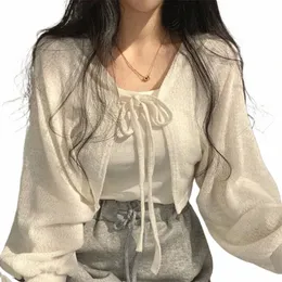 Lucyever White Sticke Cardigan Women Summer Thin Sunscreen Lace-Up Knitwear Topps Female Korean Style Lantern Sleeve Short Coat A8HD#